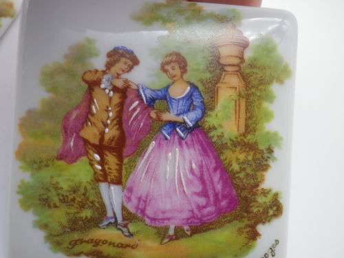 3 Meissner LIMOGES FRANCE small ceramic tiles. Fragonard courting couples.. 6cm