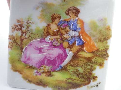3 Meissner LIMOGES FRANCE small ceramic tiles. Fragonard courting couples.. 6cm
