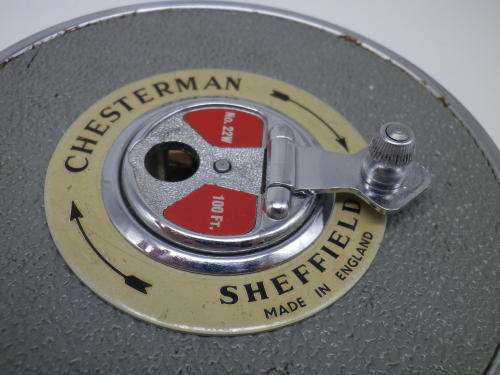 Vintage Chesterman, Sheffield England Metal 100 foot Metal TAPE MEASUREin plastic case