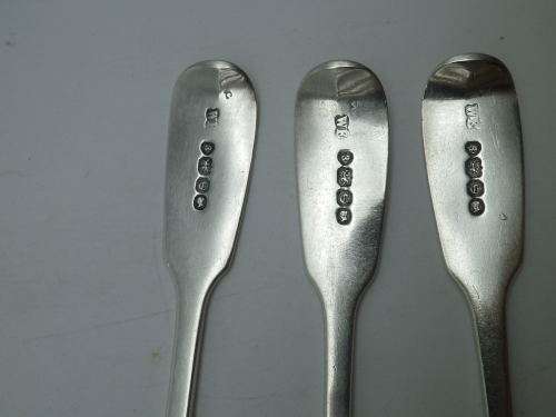 Three GEORGE II Hallmarked Sterling Silver Fiddleback Spoons. LONDON 1758 William Eaton. 14cm 66g