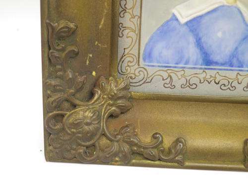 Antique hand-painted miniature portrait behind glass in ornate metal frame. 15cm