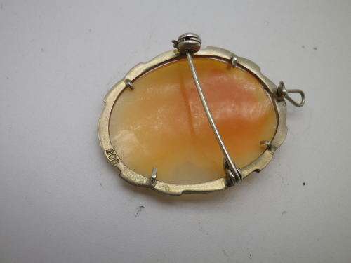 Italian Silver & Marcasite Cameo Pendant or brooch. 800 Silver Purity. Genuine shell 3.5cm.