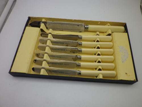 Quality Bone (or faux?) handled Vintage Knives. Sheffield. Includes large bread knife.