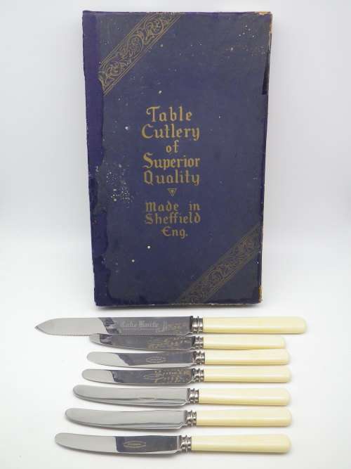 Quality Bone (or faux?) handled Vintage Knives. Sheffield. Includes large bread knife.