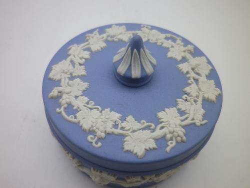 Wedgwood Blue Jasperware round lidded trinket pot. 8cm