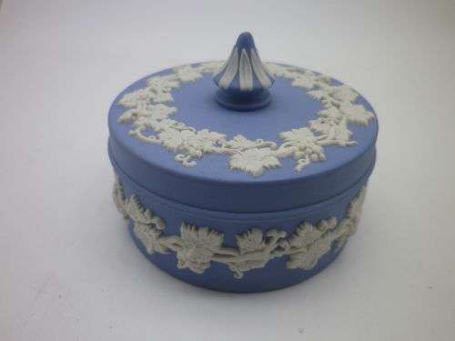 Wedgwood Blue Jasperware round lidded trinket pot. 8cm