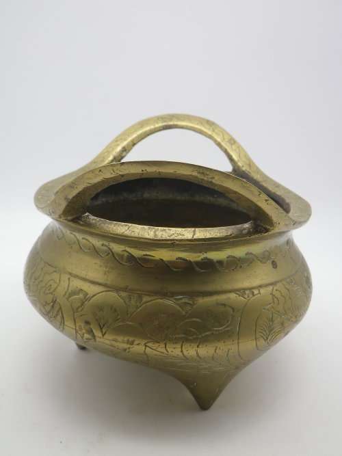 Unusual Vintage Chinese Heavy Solid Brass bowl (Or Censor) on 3 legs. Signed. 12.5cm tall