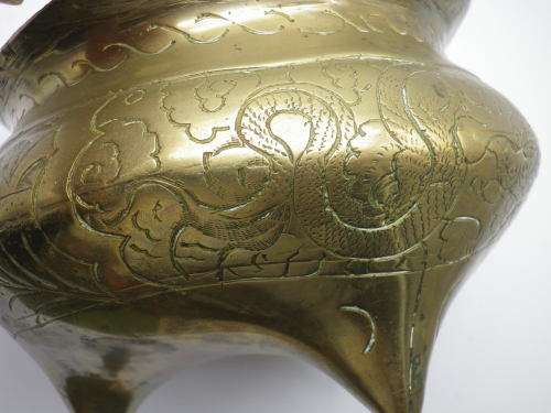 Unusual Vintage Chinese Heavy Solid Brass bowl (Or Censor) on 3 legs. Signed. 12.5cm tall