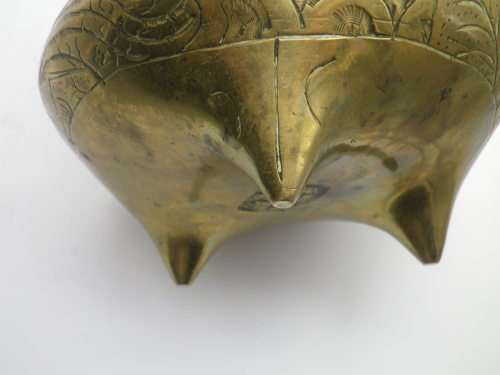 Unusual Vintage Chinese Heavy Solid Brass bowl (Or Censor) on 3 legs. Signed. 12.5cm tall