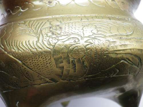 Unusual Vintage Chinese Heavy Solid Brass bowl (Or Censor) on 3 legs. Signed. 12.5cm tall