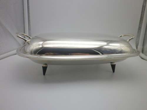 ART DECO EPNS lidded serving dish on four removable feet. ANGORA, ENGLAND