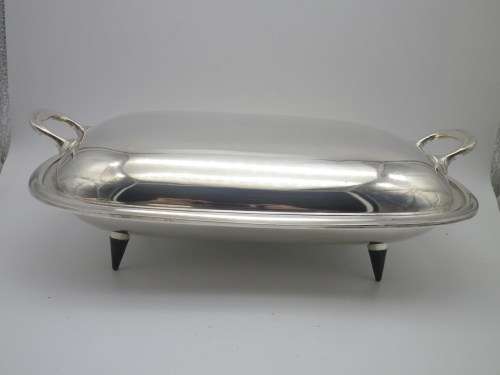 ART DECO EPNS lidded serving dish on four removable feet. ANGORA, ENGLAND