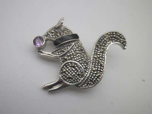 Sterling Silver, amethyst, onyx & marcasite Vintage SQUIRREL brooch