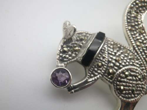 Sterling Silver, amethyst, onyx & marcasite Vintage SQUIRREL brooch