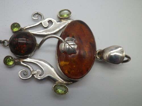 Vintage Sterling Silver, Polish Amber & peridot pendant. 7.5cm. Gorgeous!!