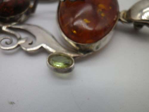 Vintage Sterling Silver, Polish Amber & peridot pendant. 7.5cm. Gorgeous!!