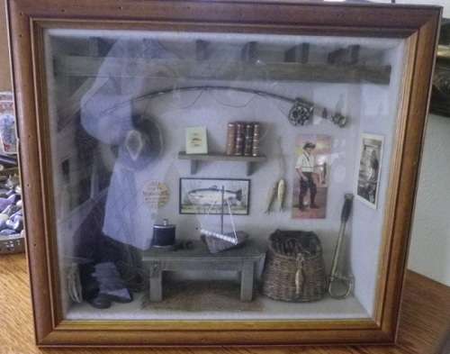 TROUT FISHING shadow BOX  3 D Assemblage Beautiful detail. Glass fronted box. 39x35x11cm