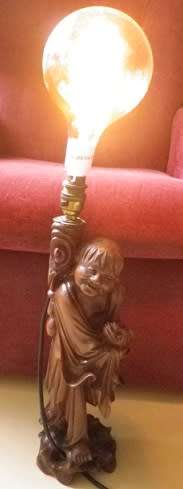 Happy Monk Large Chinese Carved Hard Wood table lamp with globe. Works perfectly. 62cm