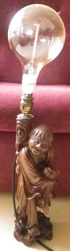 Happy Monk Large Chinese Carved Hard Wood table lamp with globe. Works perfectly. 62cm