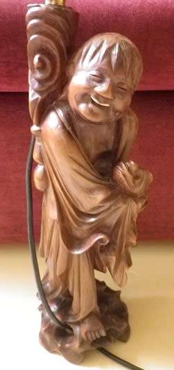 Happy Monk Large Chinese Carved Hard Wood table lamp with globe. Works perfectly. 62cm