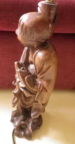 Happy Monk Large Chinese Carved Hard Wood table lamp with globe. Works perfectly. 62cm