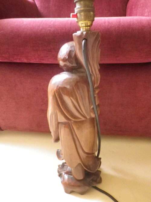 Happy Monk Large Chinese Carved Hard Wood table lamp with globe. Works perfectly. 62cm
