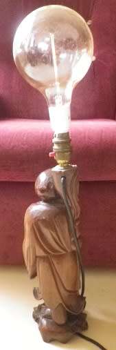 Happy Monk Large Chinese Carved Hard Wood table lamp with globe. Works perfectly. 62cm