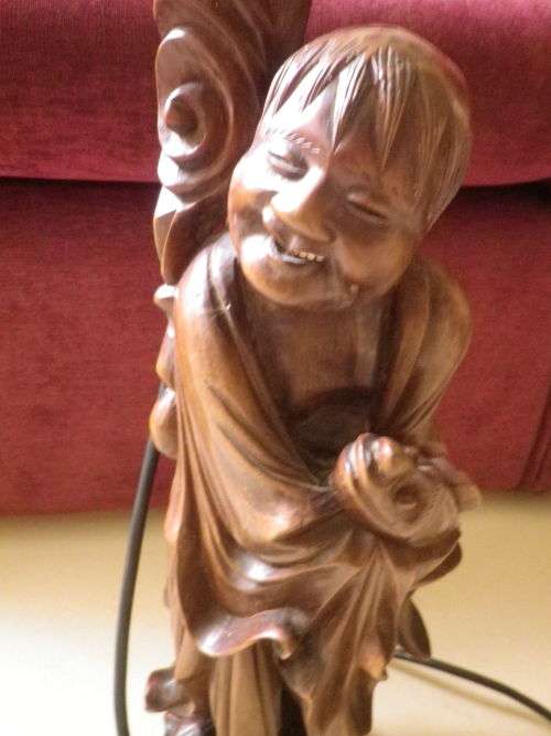 Happy Monk Large Chinese Carved Hard Wood table lamp with globe. Works perfectly. 62cm