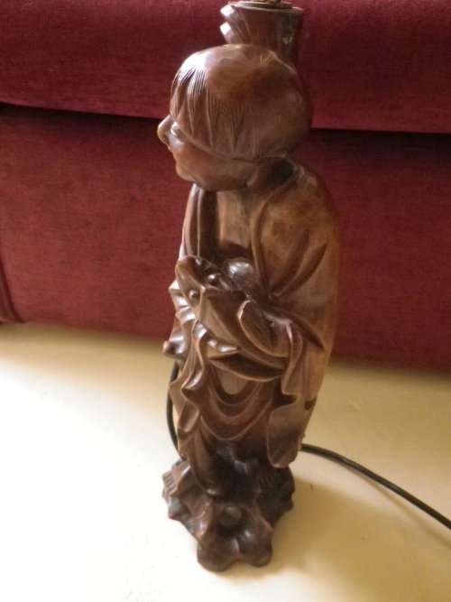 Happy Monk Large Chinese Carved Hard Wood table lamp with globe. Works perfectly. 62cm