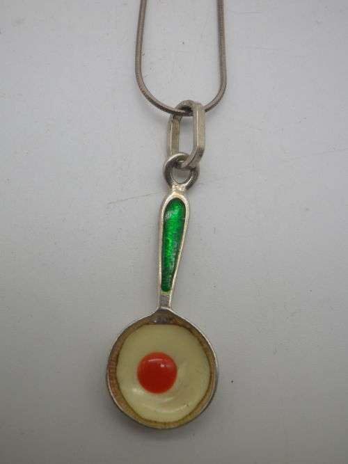 Egg in a frying pan designer Sterling silver & enamel pendant on Italian silver chain