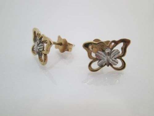 9ct white & yellow gold BUTTERFLY STUD EARRINGS.  1gm.  11x8mm