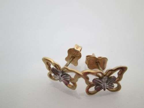 9ct white & yellow gold BUTTERFLY STUD EARRINGS.  1gm.  11x8mm