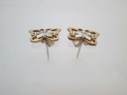9ct white & yellow gold BUTTERFLY STUD EARRINGS.  1gm.  11x8mm