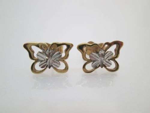 9ct white & yellow gold BUTTERFLY STUD EARRINGS.  1gm.  11x8mm