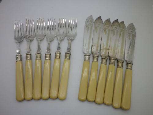 EPNS Fish Knife & Fork Vintage set with faux bone handles 12 piece. Boxed.