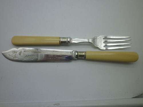 EPNS Fish Knife & Fork Vintage set with faux bone handles 12 piece. Boxed.
