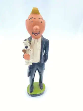 Large Carved Wood TINTIN & SNOWY Figurine. RARE!