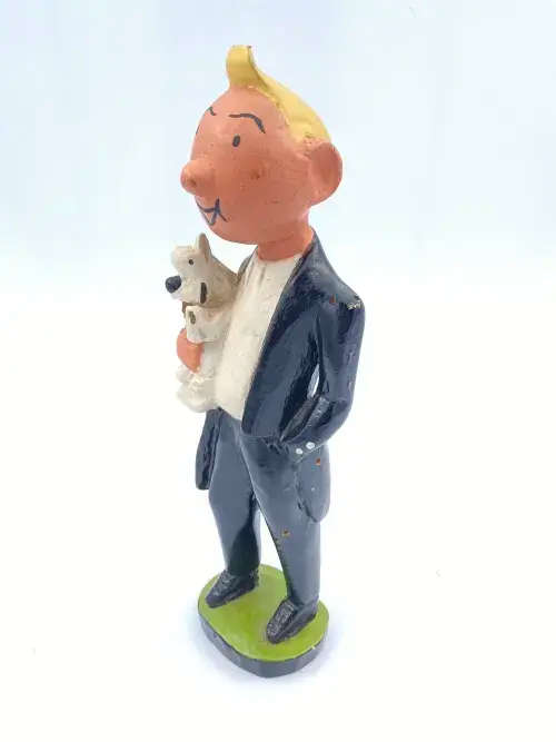 Large Carved Wood TINTIN & SNOWY Figurine. RARE!