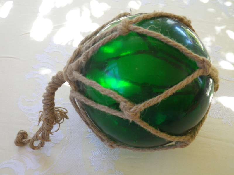 Vintage Japanese Hand blown Green Glass Ship Buoy with rope