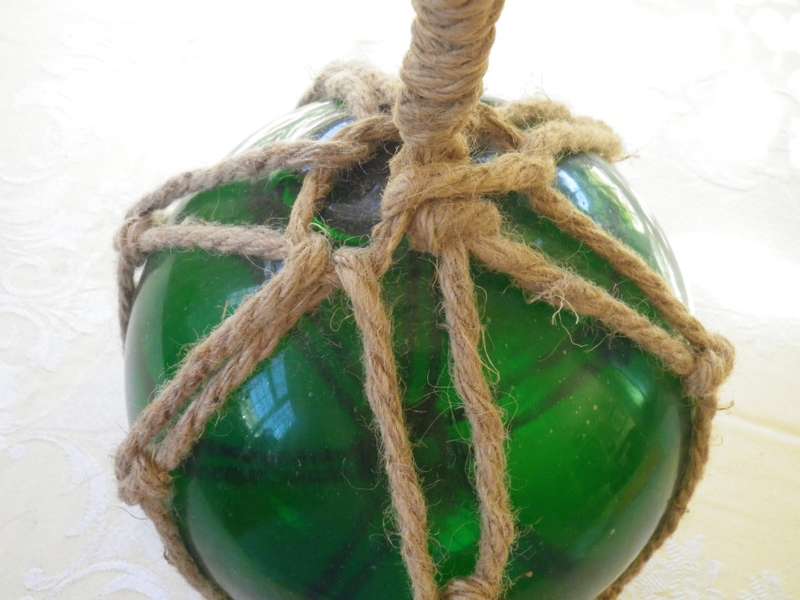 Vintage Japanese Hand blown Green Glass Ship Buoy with rope