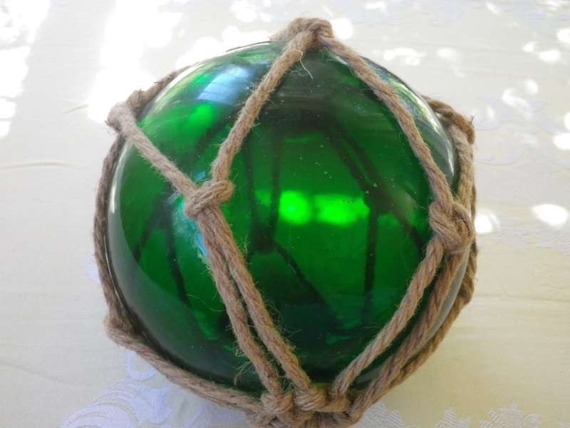 Vintage Japanese Hand blown Green Glass Ship Buoy with rope
