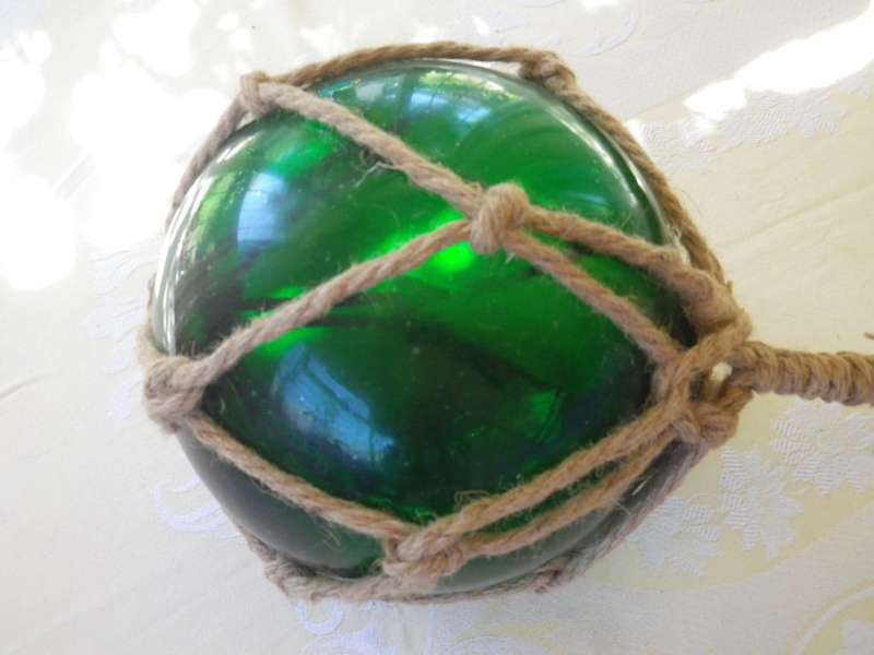 Vintage Japanese Hand blown Green Glass Ship Buoy with rope