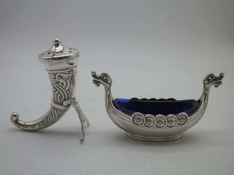 Norwegian Sterling Silver Cruet set Viking Design salt & pepper with original blue glass liners