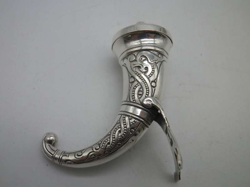 Norwegian Sterling Silver Cruet set Viking Design salt & pepper with original blue glass liners