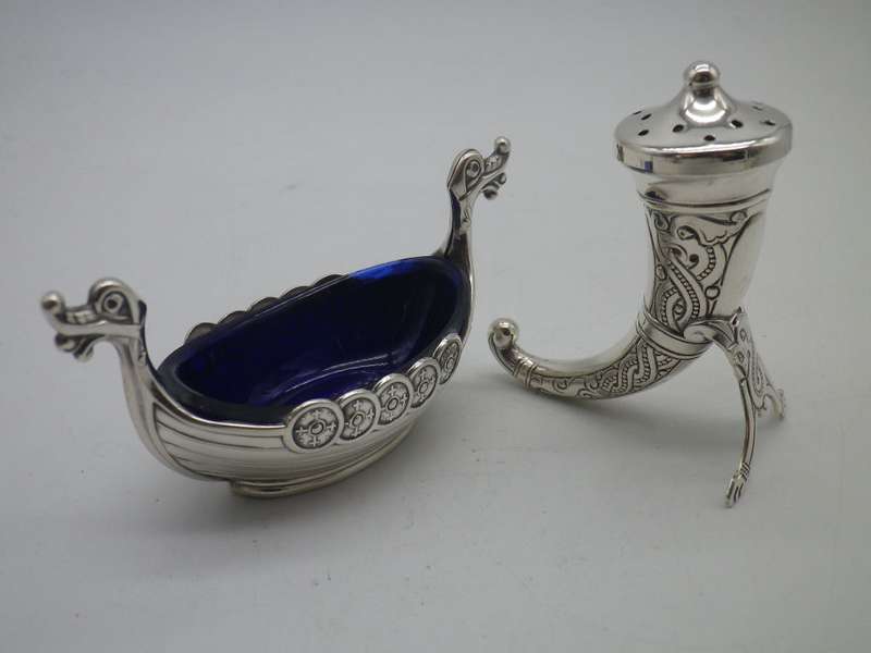 Norwegian Sterling Silver Cruet set Viking Design salt & pepper with original blue glass liners