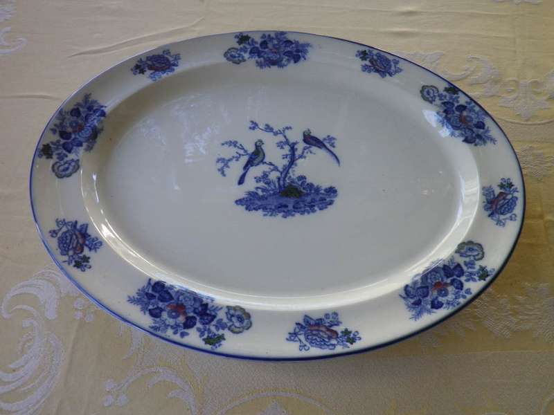 Antique Blue and White Large Serving Platter. Woods & Sons Oriental Birds Pattern 46x38cm