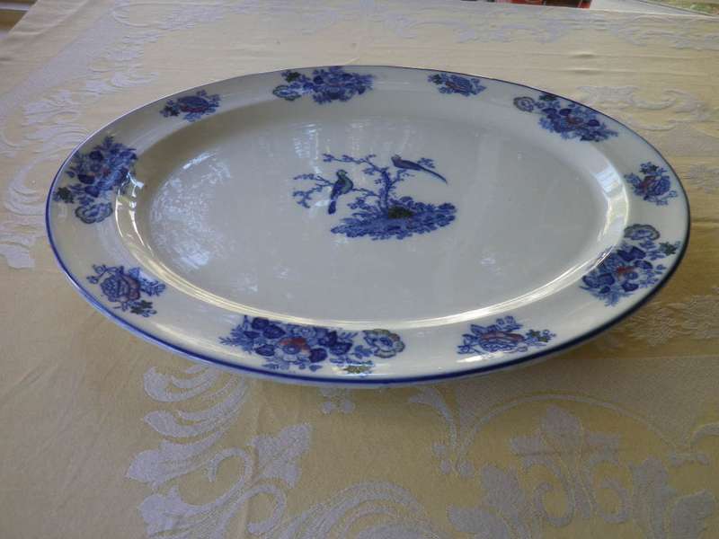 Antique Blue and White Large Serving Platter. Woods & Sons Oriental Birds Pattern 46x38cm