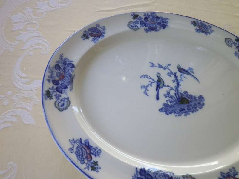 Antique Blue and White Large Serving Platter. Woods & Sons Oriental Birds Pattern 46x38cm