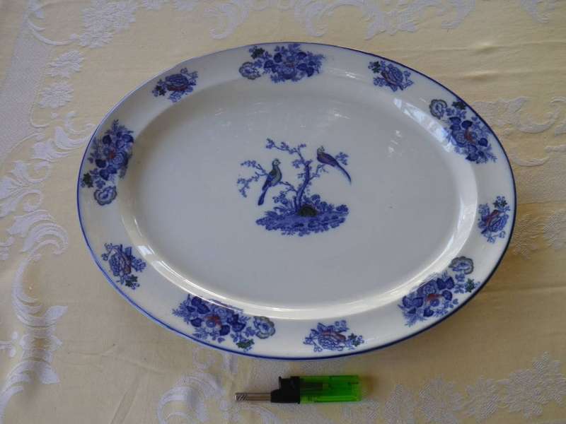 Antique Blue and White Large Serving Platter. Woods & Sons Oriental Birds Pattern 46x38cm