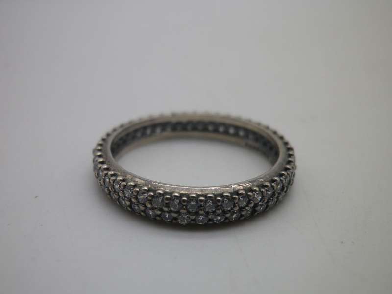 PANDORA Sterling Silver Eternity Ring, double row cubic zirconias Size: O 1/2. weight: approx 2.5grm